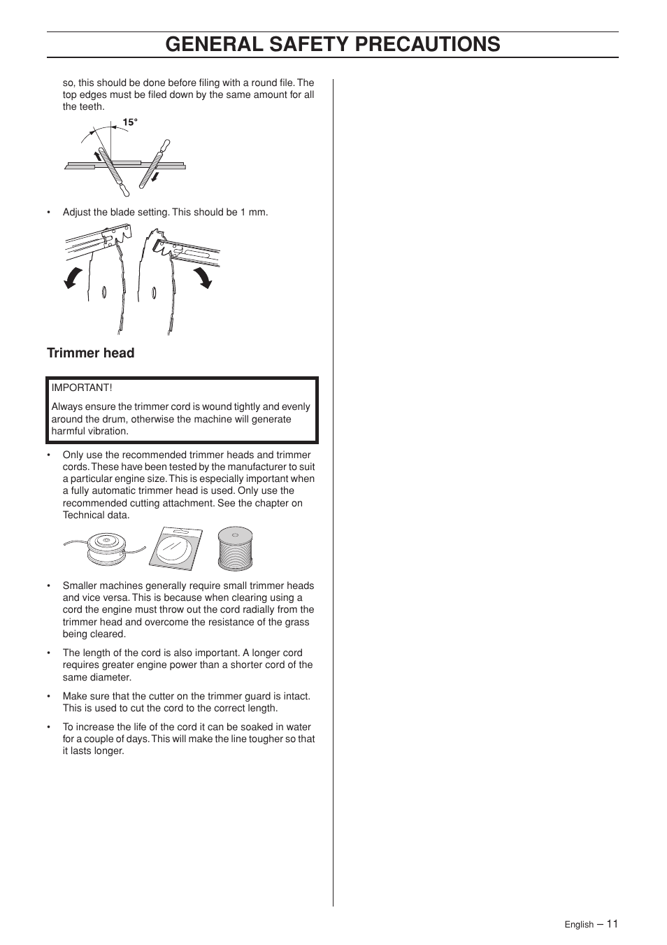 Trimmer head, General safety precautions | Husqvarna 232R User Manual | Page 11 / 44