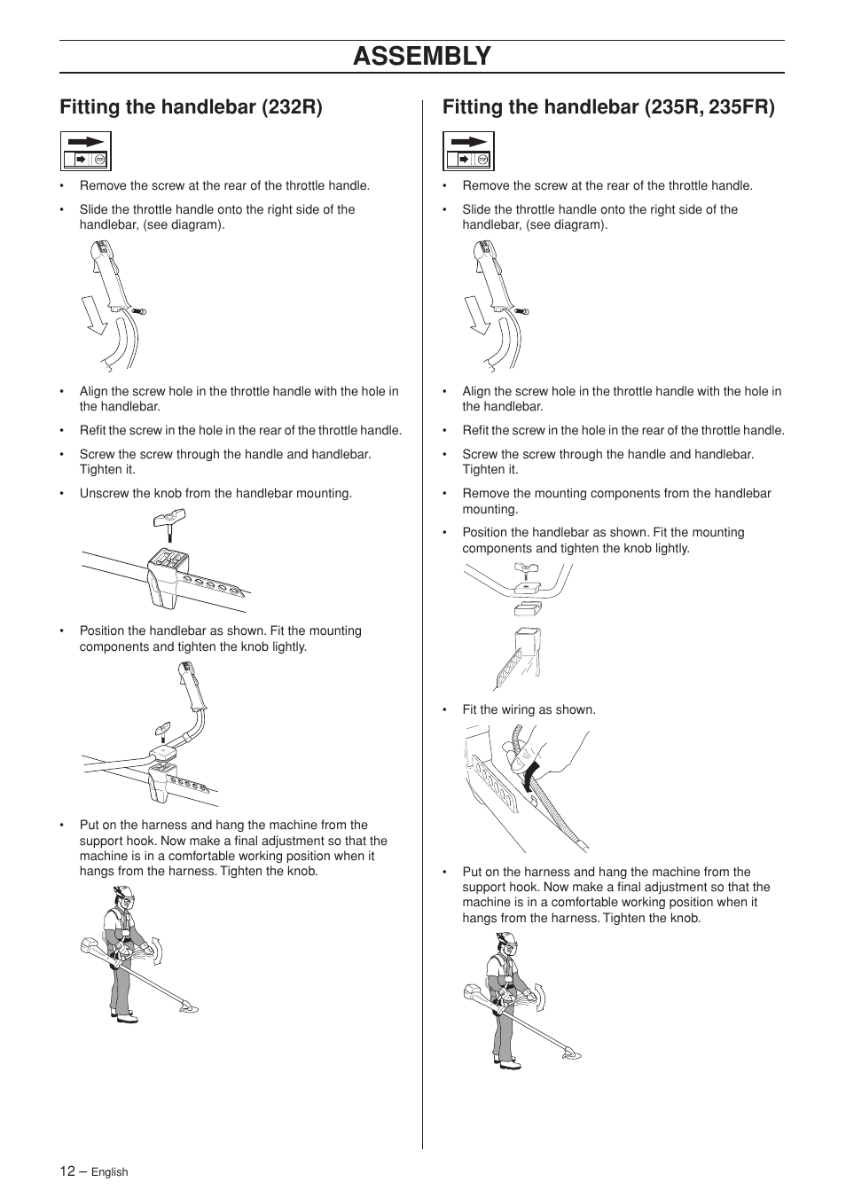 Fitting the handlebar (232r), Fitting the handlebar (235r, 235fr), Assembly | Husqvarna 232R User Manual | Page 12 / 44