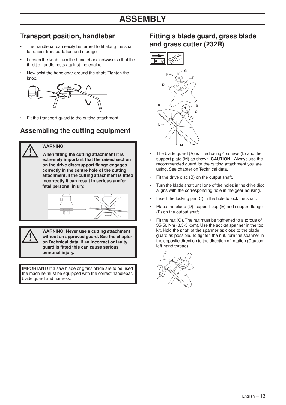 Transport position, handlebar, Assembling the cutting equipment, Assembly | Husqvarna 232R User Manual | Page 13 / 44