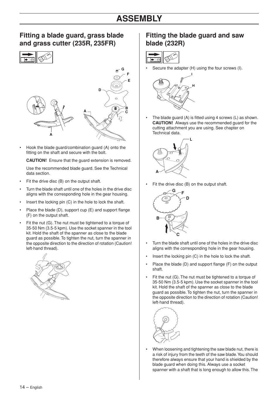 Fitting the blade guard and saw blade (232r), Assembly | Husqvarna 232R User Manual | Page 14 / 44