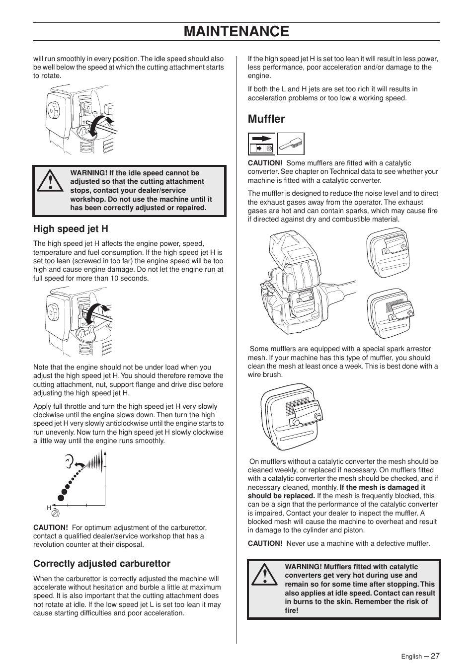 High speed jet h, Correctly adjusted carburettor, Muffler | Maintenance | Husqvarna 232R User Manual | Page 27 / 44