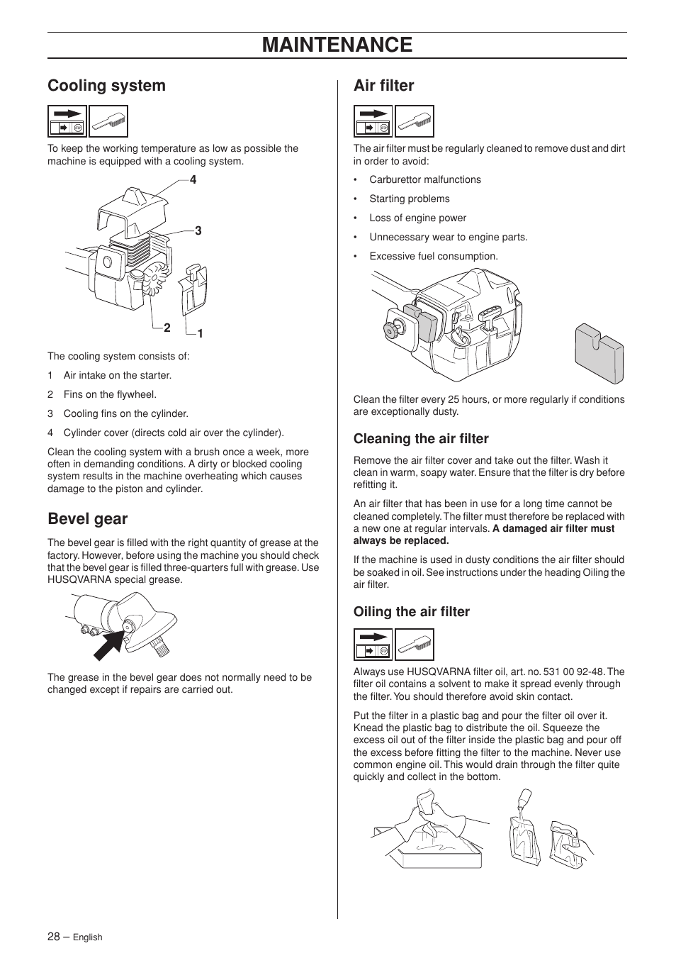Cooling system, Bevel gear, Air filter | Cleaning the air filter, Oiling the air filter, Maintenance | Husqvarna 232R User Manual | Page 28 / 44