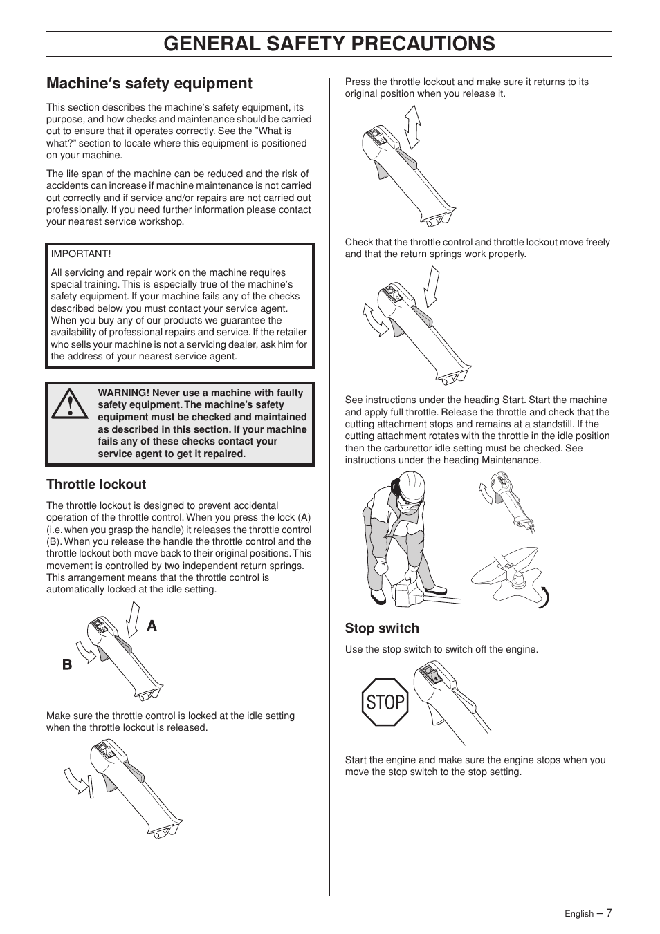 Machine¢s safety equipment, Throttle lockout, Stop switch | General safety preca utions, Mac hine ′′′′ s safety equipment | Husqvarna 232R User Manual | Page 7 / 44