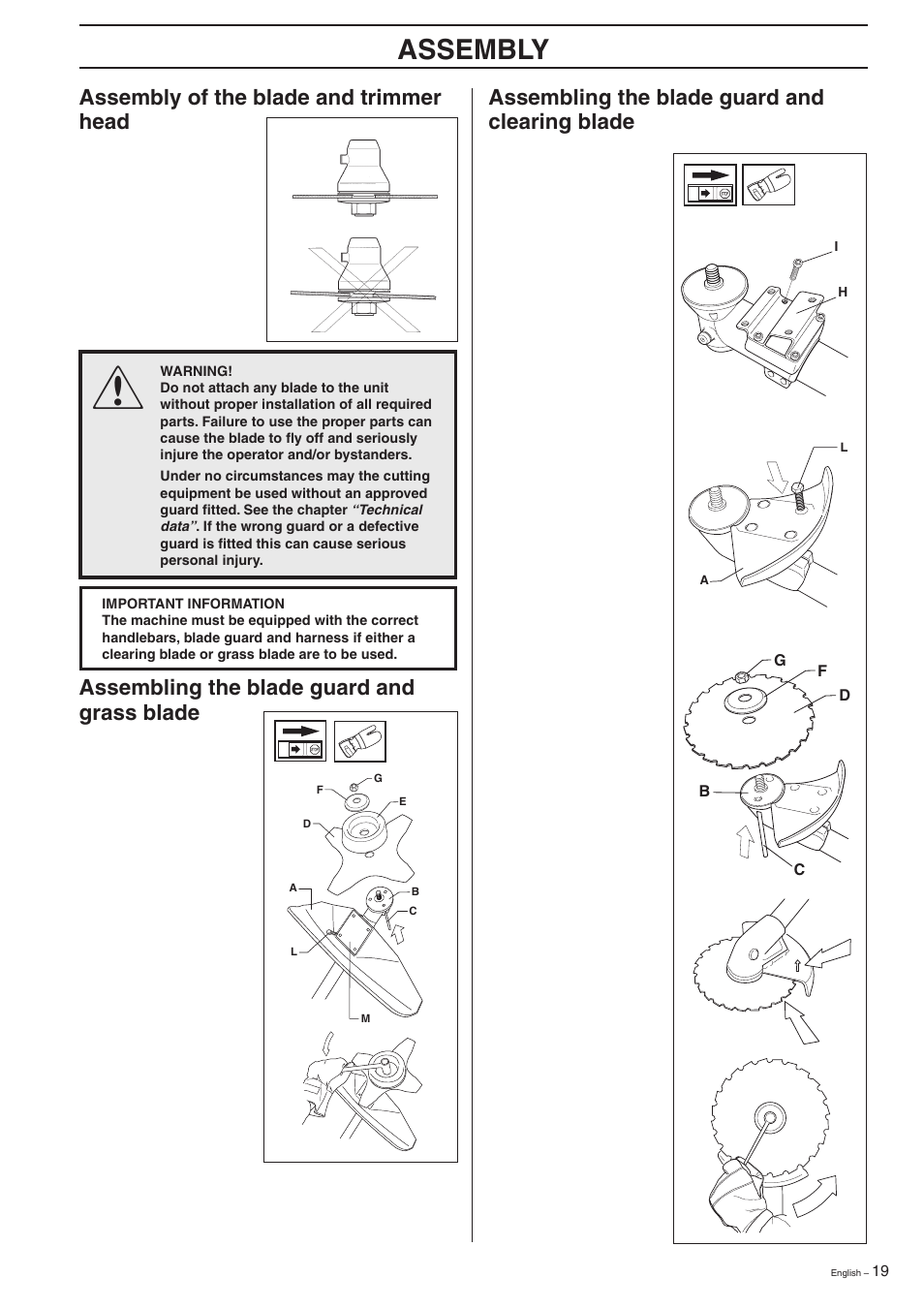 Assembly, Assembling the blade guard and grass blade | Husqvarna 227R User Manual | Page 19 / 44