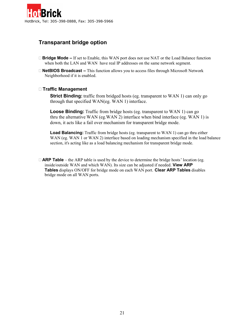 Transparant bridge option | HotBrick Dual WAN Firewall VPN 1400/2 User Manual | Page 21 / 76