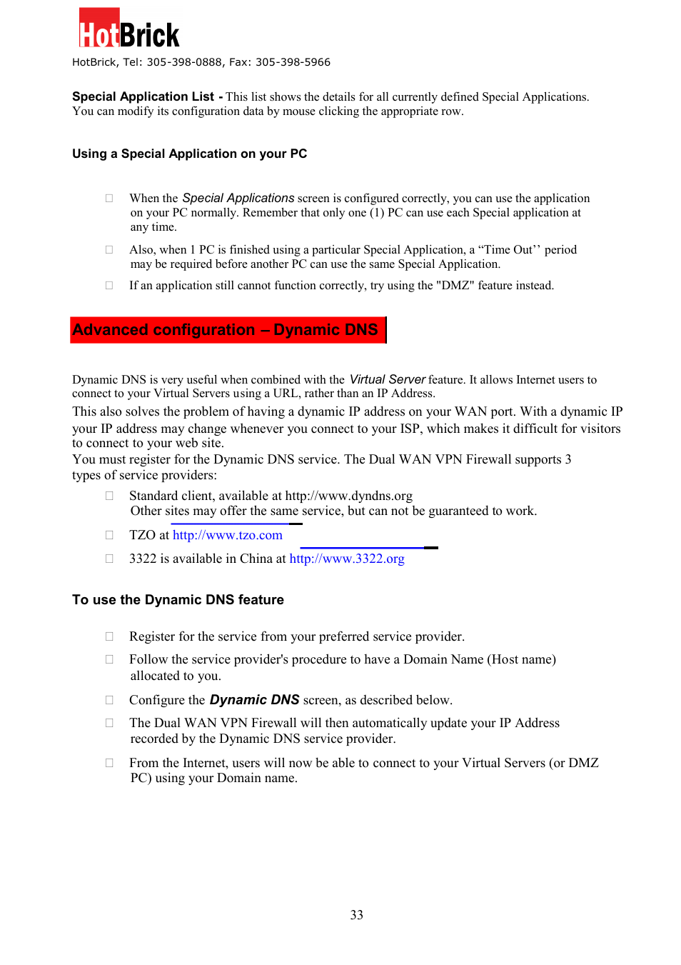 Advanced configuration – dynamic dns | HotBrick Dual WAN Firewall VPN 1400/2 User Manual | Page 33 / 76