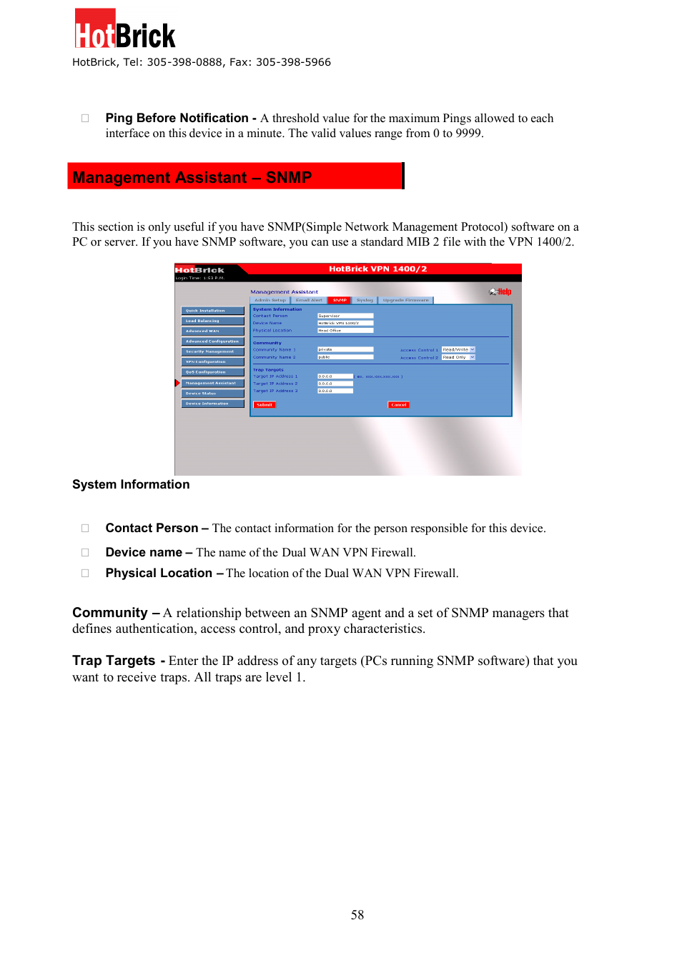 Management assistant – snmp | HotBrick Dual WAN Firewall VPN 1400/2 User Manual | Page 58 / 76