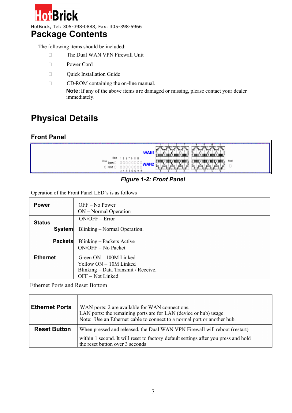 Package contents, Physical details | HotBrick Dual WAN Firewall VPN 1400/2 User Manual | Page 7 / 76