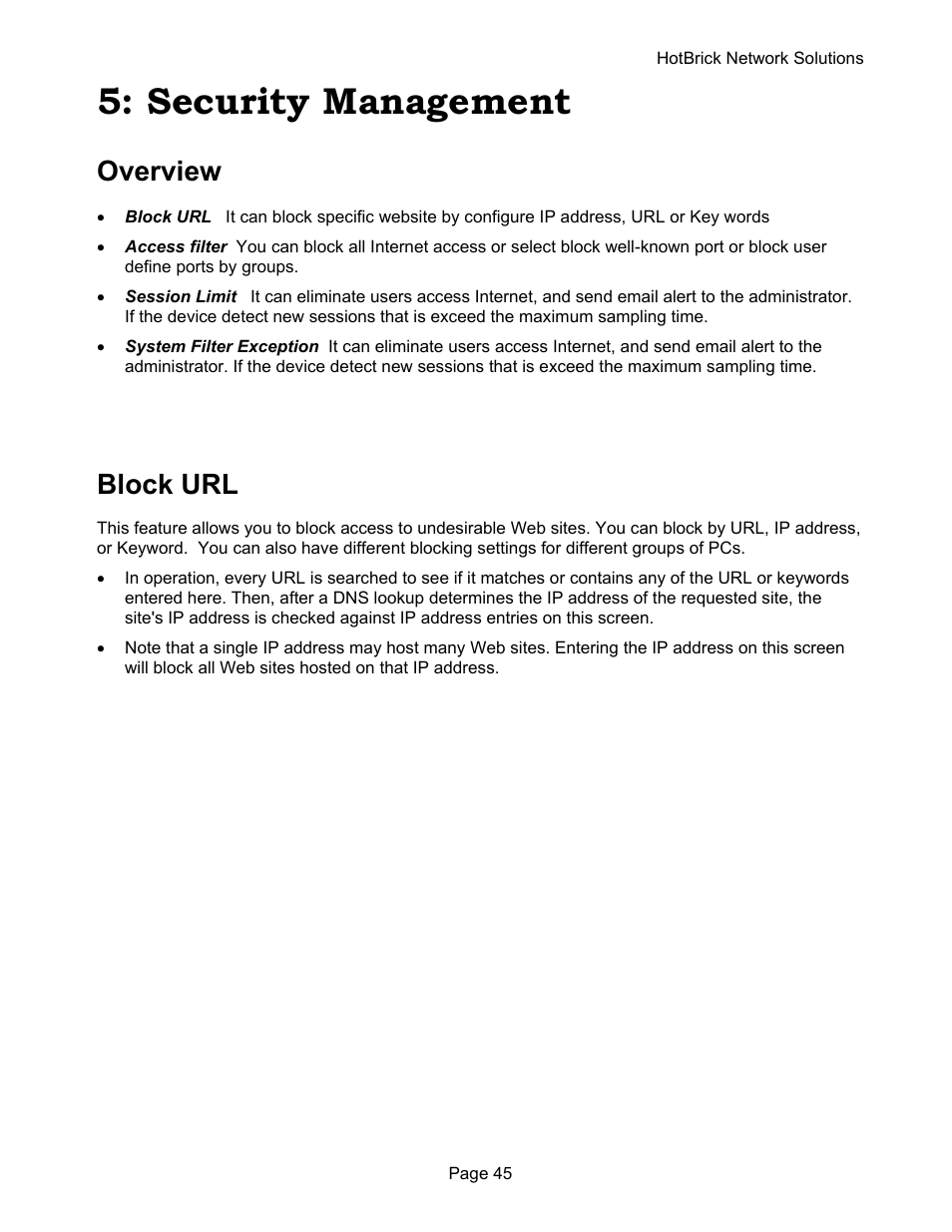 Security management, Overview, Block url | HotBrick VPN 800 User Manual | Page 49 / 89