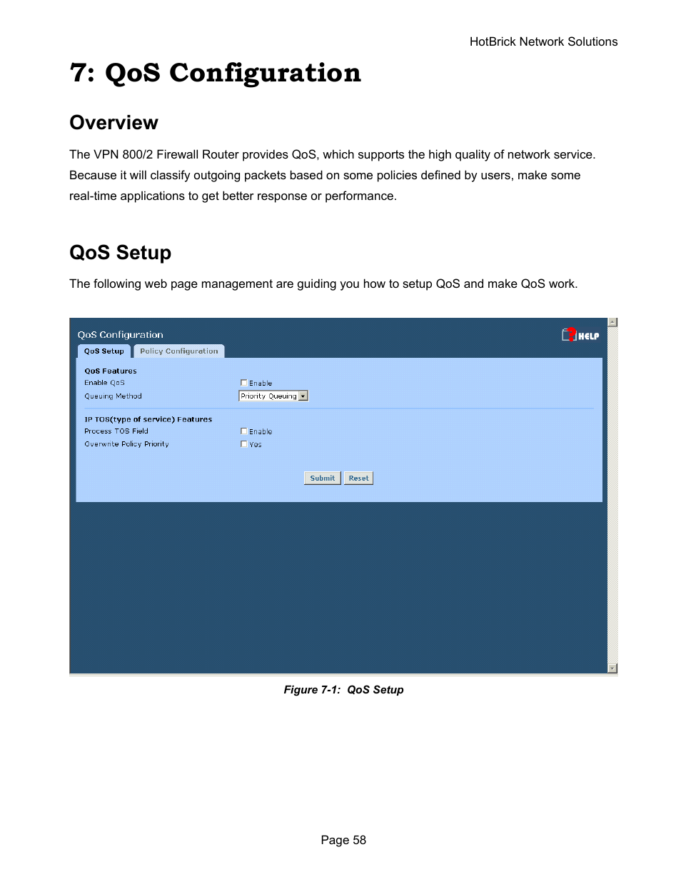 Qos configuration, Overview, Qos setup | HotBrick VPN 800 User Manual | Page 62 / 89