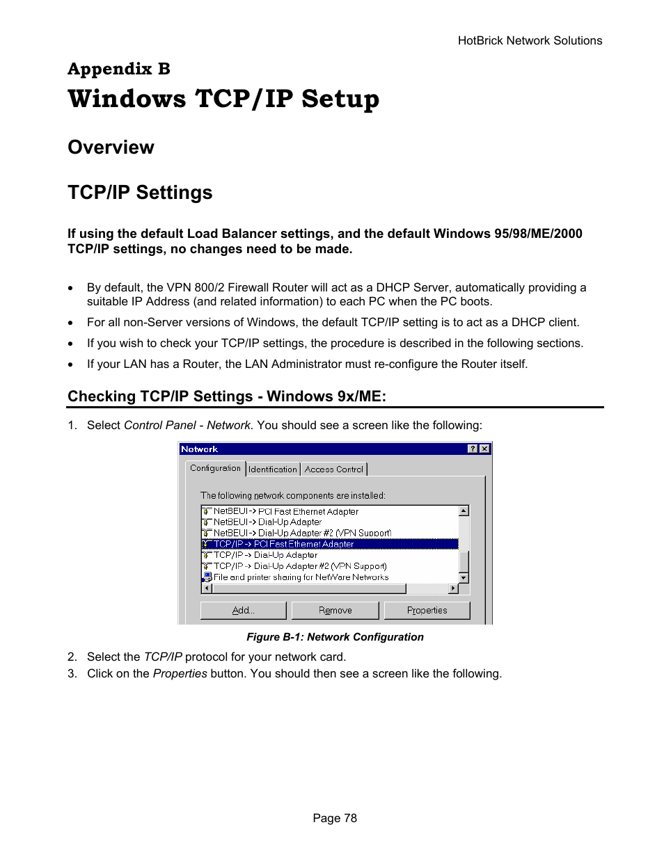 Windows tcp/ip setup, Overview tcp/ip settings | HotBrick VPN 800 User Manual | Page 82 / 89