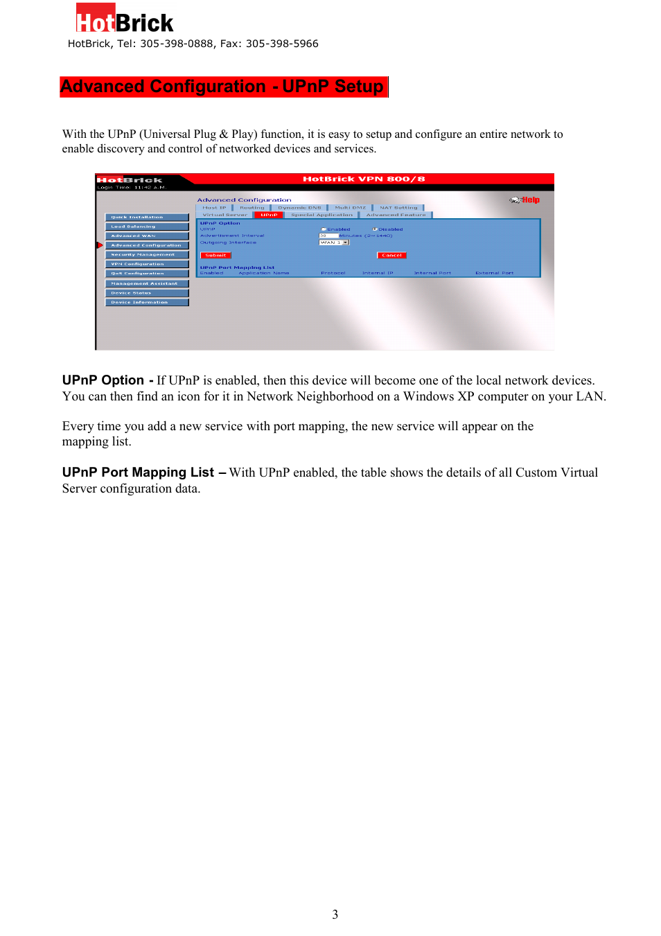 Advanced configuration - upnp setup | HotBrick VPN 800/8 F User Manual | Page 37 / 77