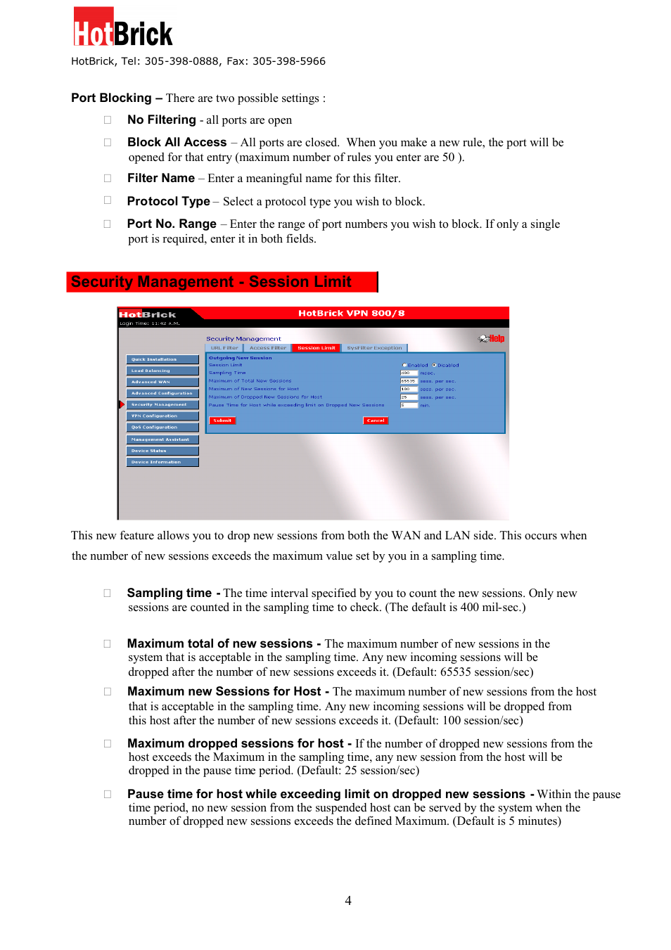 Security management - session limit | HotBrick VPN 800/8 F User Manual | Page 43 / 77