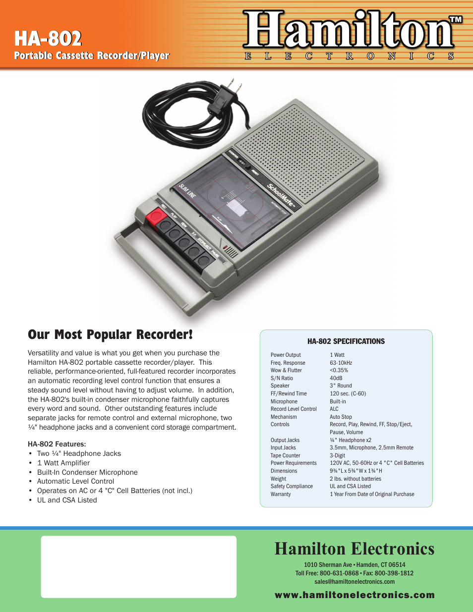 Hamilton Electronics HA-802 User Manual | 1 page