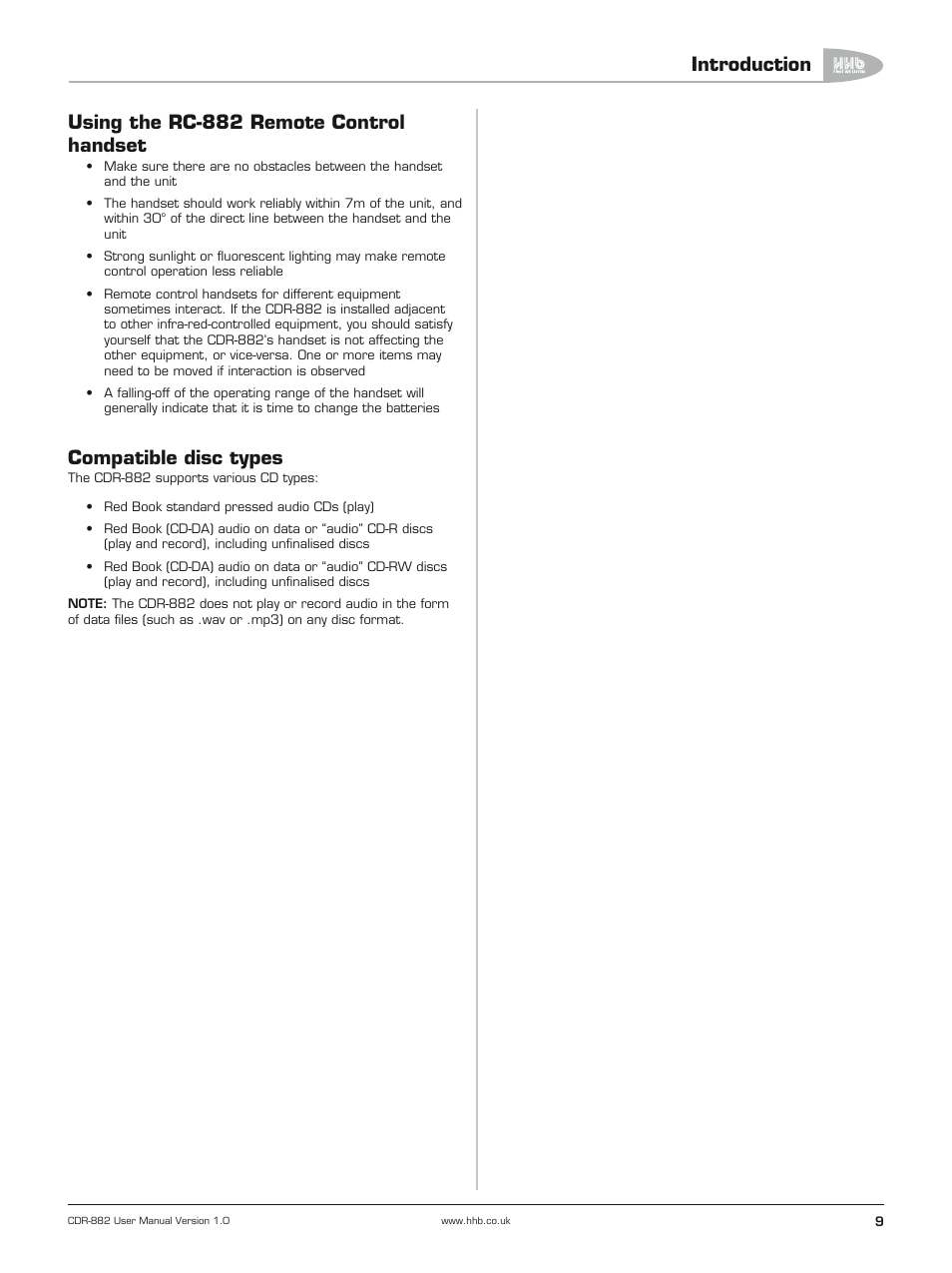 Using the rc-882 remote control handset, Compatible disc types, Introduction | HHB comm CDR-882 User Manual | Page 10 / 66