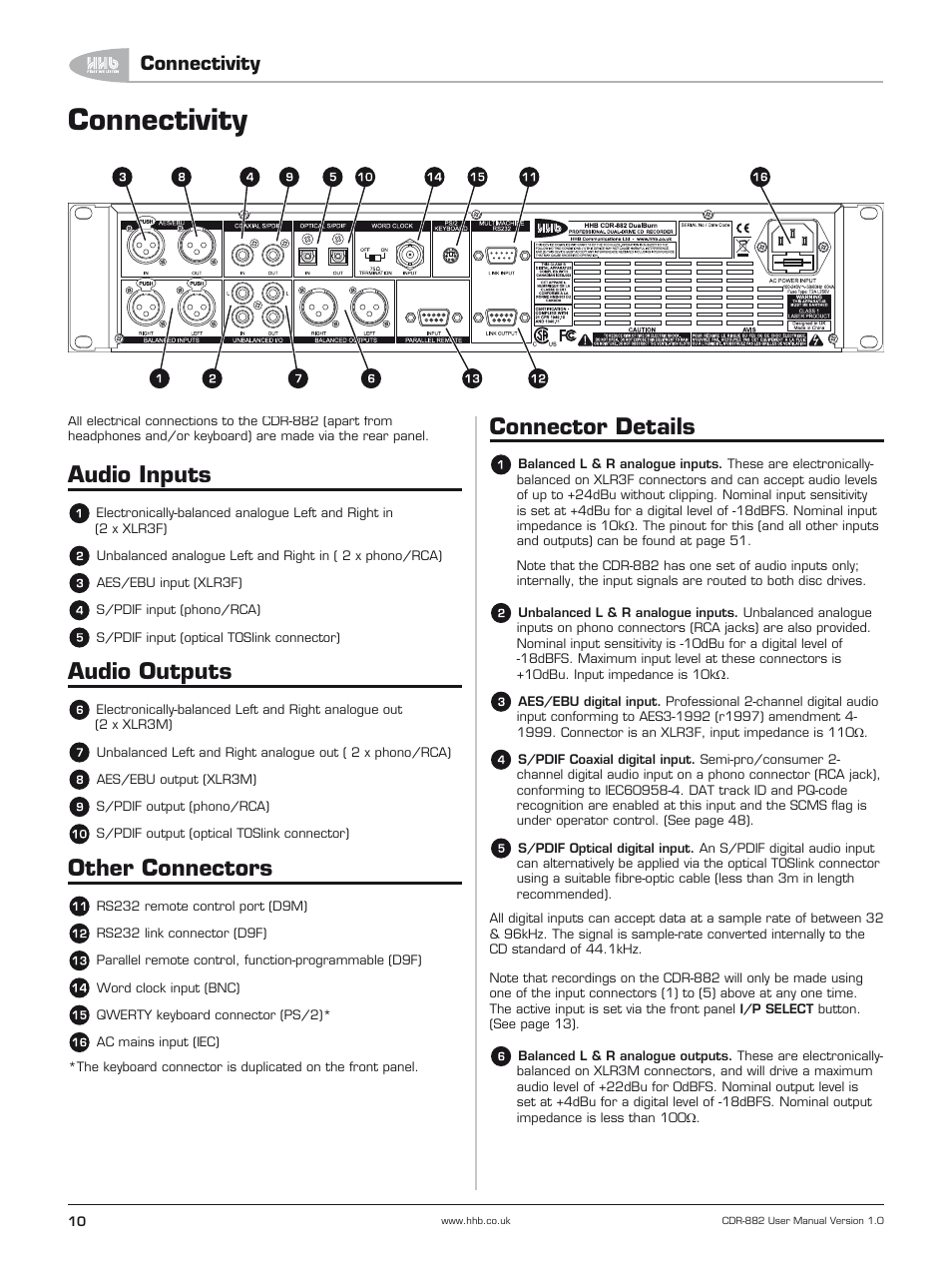 Connectivity, Audio inputs, Audio outputs | Other connectors, Connector details | HHB comm CDR-882 User Manual | Page 11 / 66