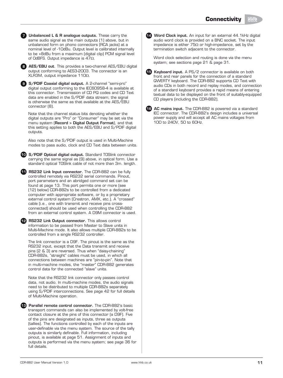 Connectivity | HHB comm CDR-882 User Manual | Page 12 / 66