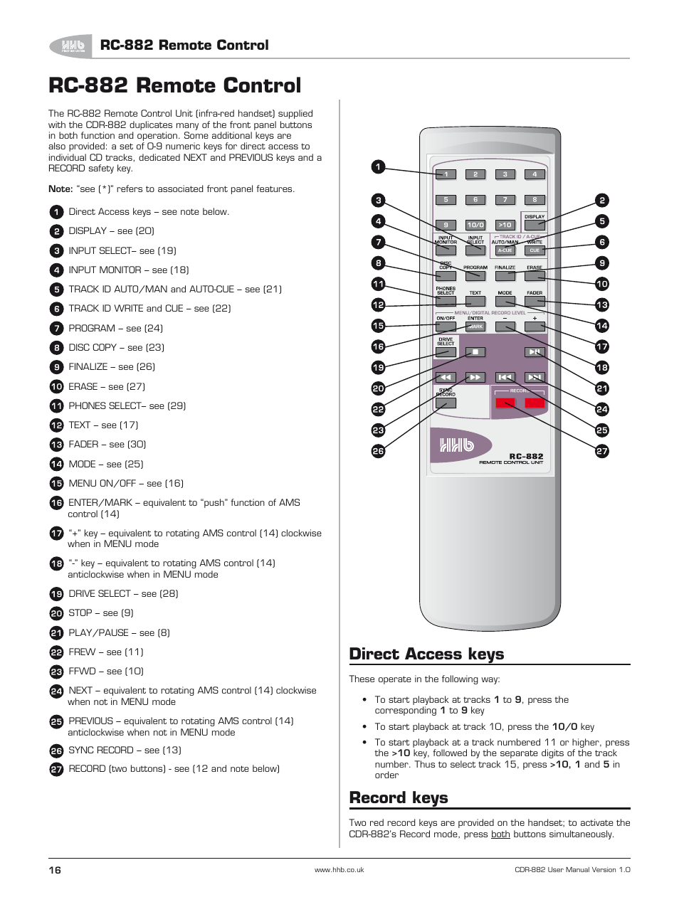 Rc-882 remote control, Direct access keys, Record keys | HHB comm CDR-882 User Manual | Page 17 / 66