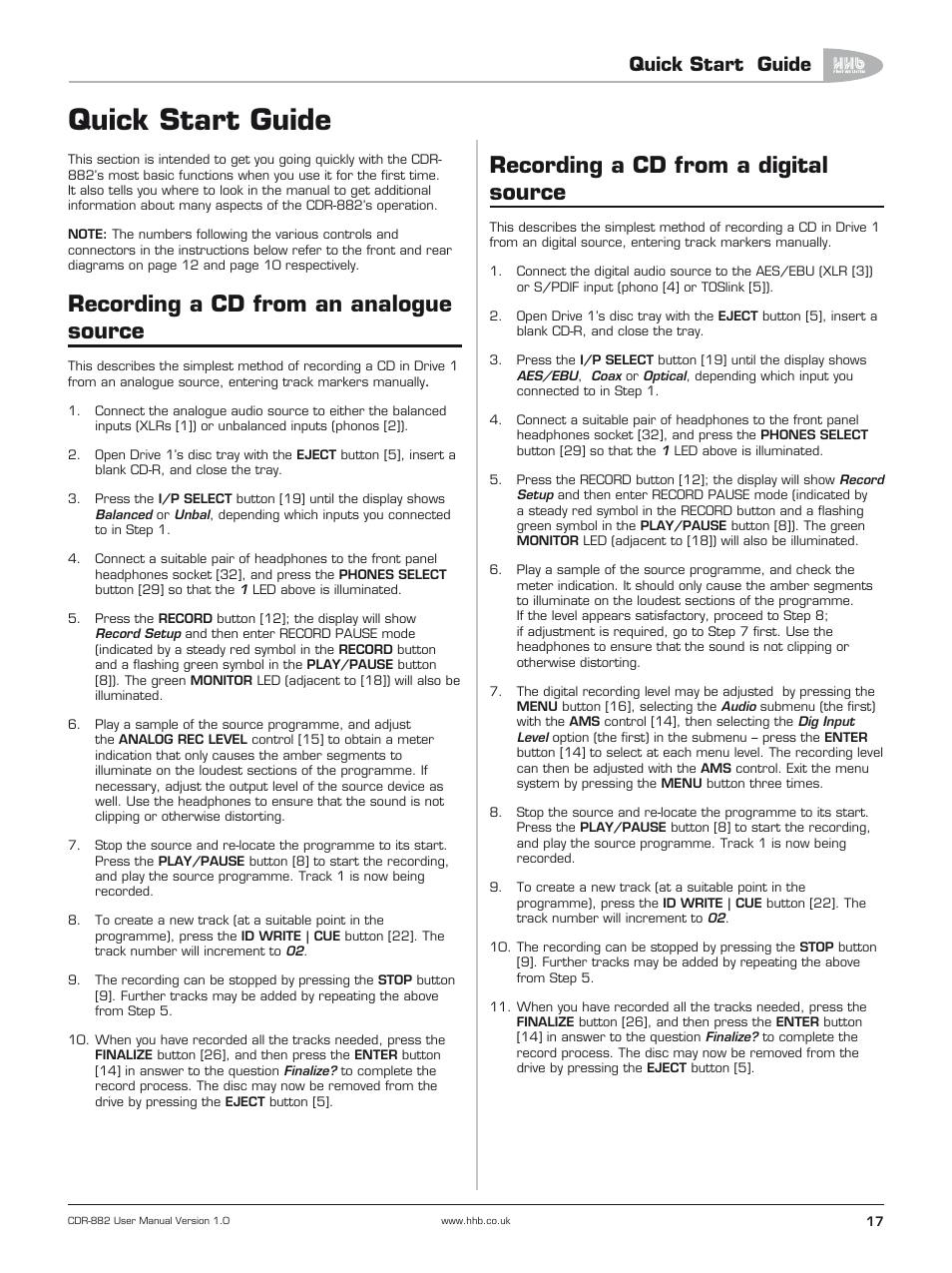 Quick start guide, Recording a cd from an analogue source, Recording a cd from a digital source | HHB comm CDR-882 User Manual | Page 18 / 66