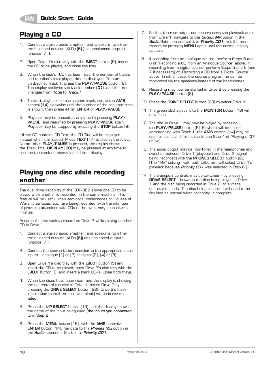 Playing a cd, Playing one disc while recording another, Quick start guide | HHB comm CDR-882 User Manual | Page 19 / 66
