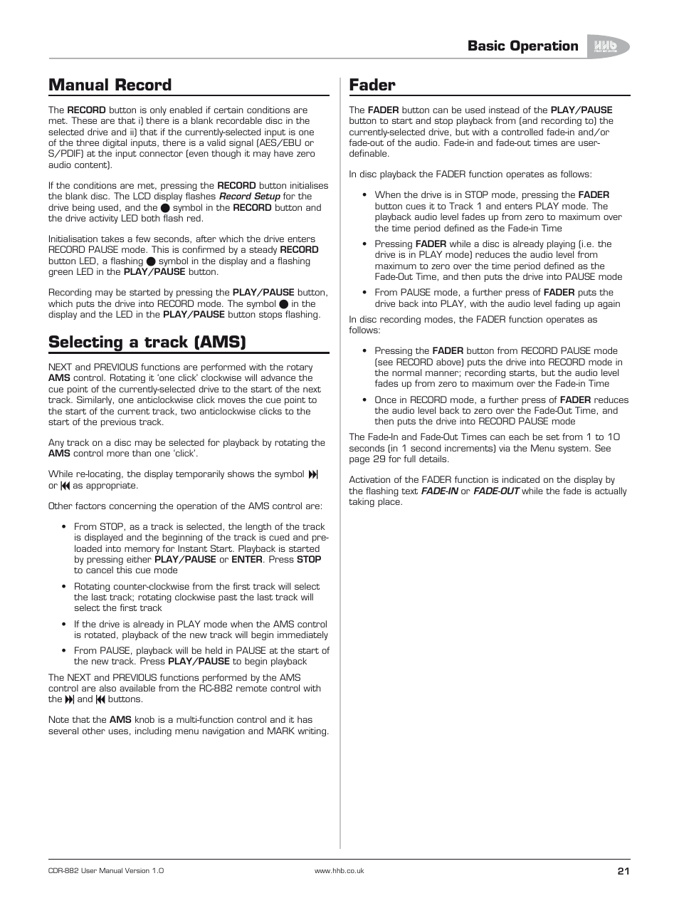 Manual record, Selecting a track (ams), Fader | Basic operation | HHB comm CDR-882 User Manual | Page 22 / 66