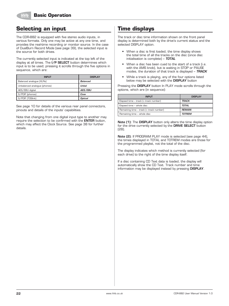 Selecting an input, Time displays, Basic operation | HHB comm CDR-882 User Manual | Page 23 / 66