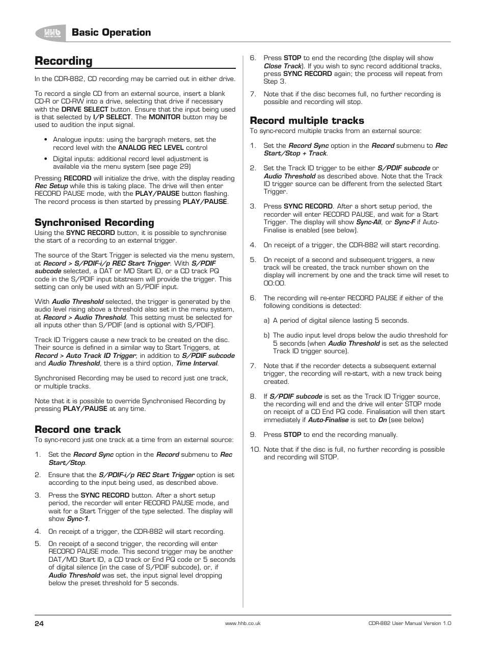 Recording, Synchronised recording, Record one track | Record multiple tracks, Basic operation | HHB comm CDR-882 User Manual | Page 25 / 66