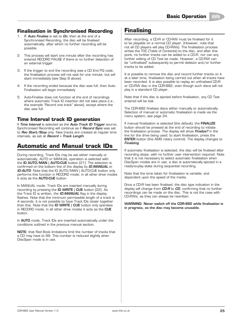 Finalisation in synchronised recording, Time interval track id generation, Automatic and manual track ids | Finalising, Level). sync record, Basic operation | HHB comm CDR-882 User Manual | Page 26 / 66