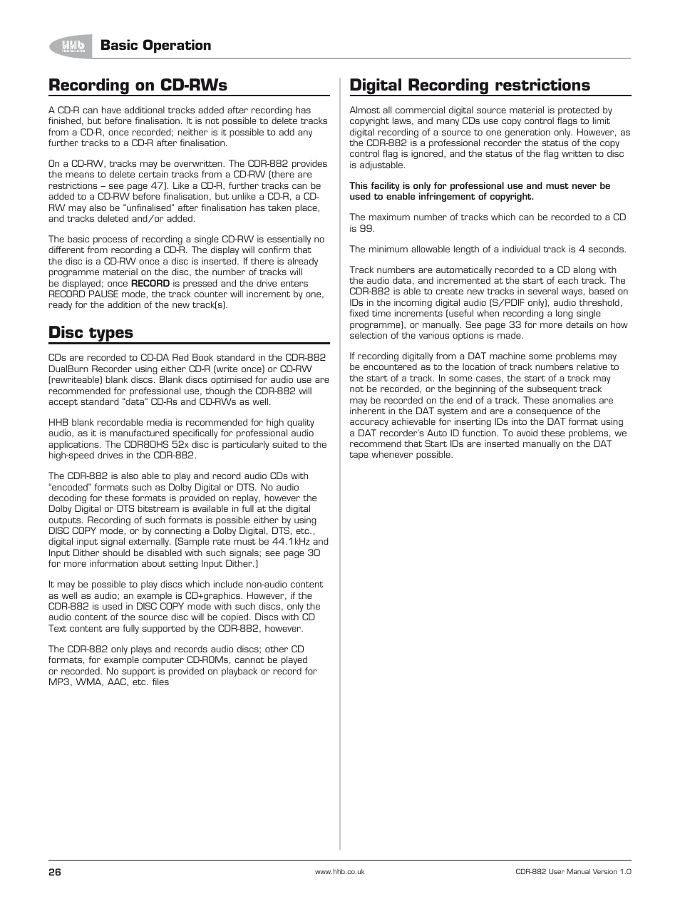 Recording on cd-rws, Disc types, Digital recording restrictions | Basic operation | HHB comm CDR-882 User Manual | Page 27 / 66