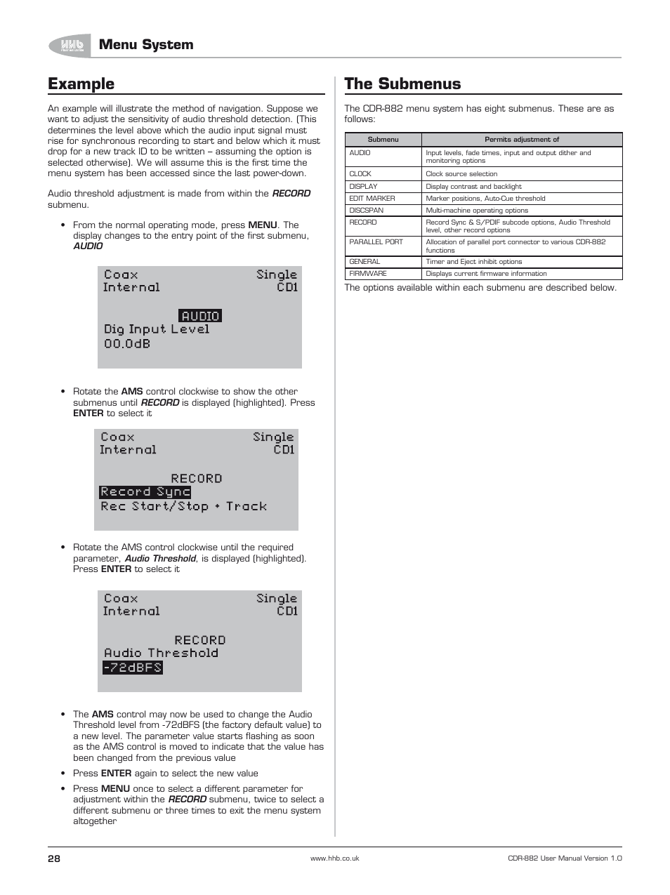 Example, The submenus, Menu system | HHB comm CDR-882 User Manual | Page 29 / 66