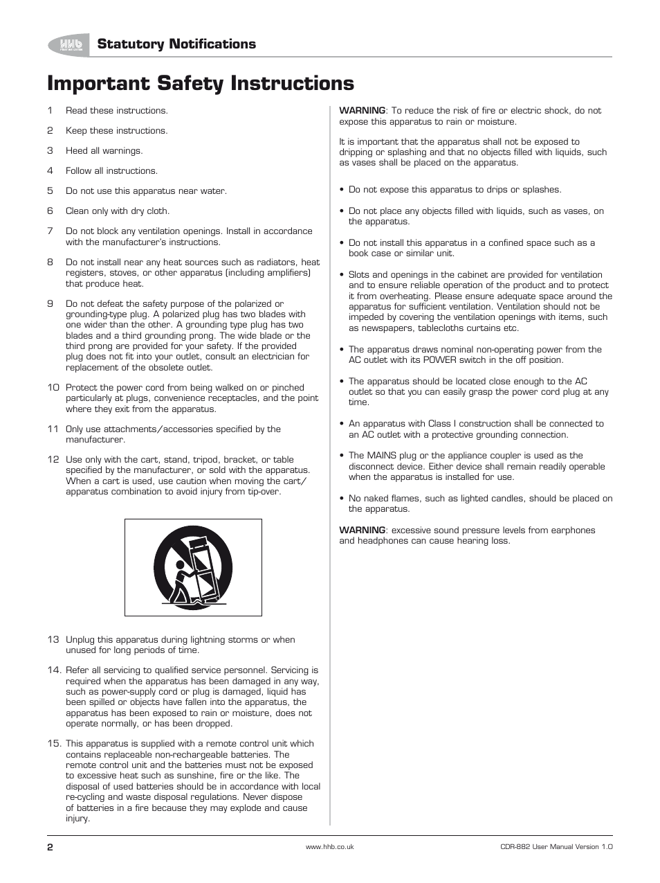 Important safety instructions, Statutory notifications | HHB comm CDR-882 User Manual | Page 3 / 66