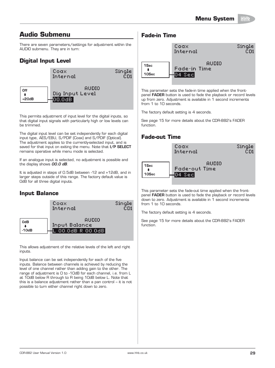 Audio submenu, Digital input level, Input balance | Fade-out time, Menu system, Fade-in time | HHB comm CDR-882 User Manual | Page 30 / 66