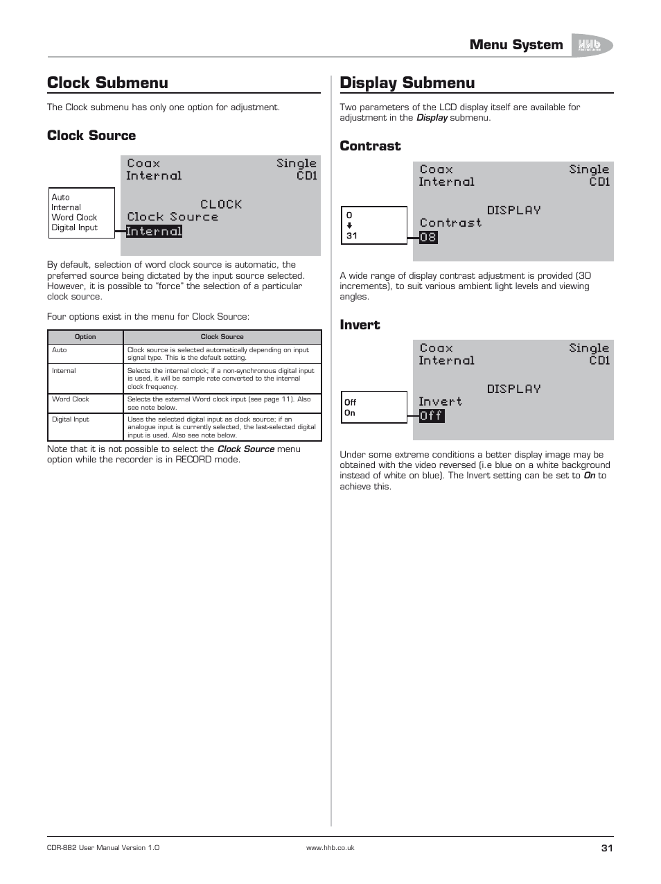 Clock submenu, Clock source, Display submenu | Contrast, Invert, Menu system | HHB comm CDR-882 User Manual | Page 32 / 66