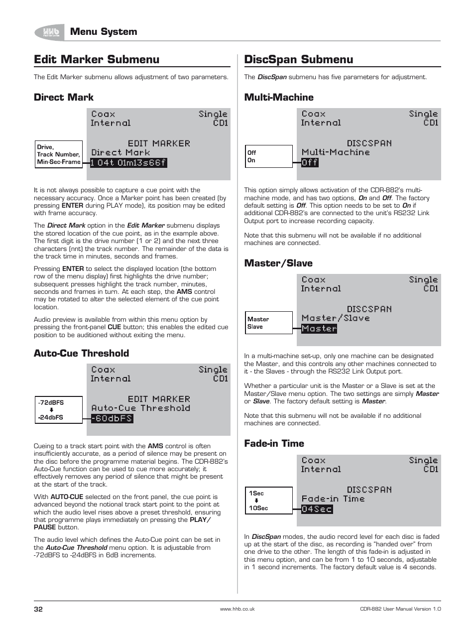 Edit marker submenu, Direct mark, Auto-cue threshold | Discspan submenu, Multi-machine, Master/slave, Fade-in time, Menu system | HHB comm CDR-882 User Manual | Page 33 / 66