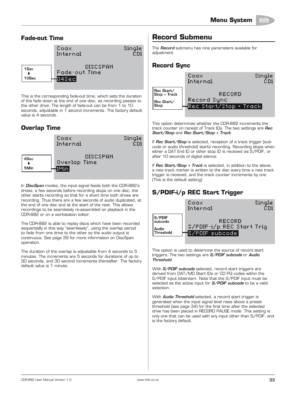Fade-out time, Overlap time, Record submenu | Record sync, S/pdif-i/p rec start trigger, Menu system | HHB comm CDR-882 User Manual | Page 34 / 66