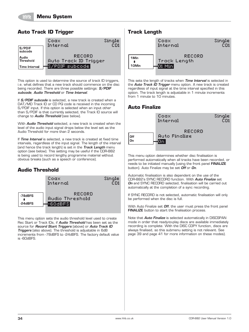 Auto track id trigger, Audio threshold, Track length | Auto finalize, Menu system | HHB comm CDR-882 User Manual | Page 35 / 66