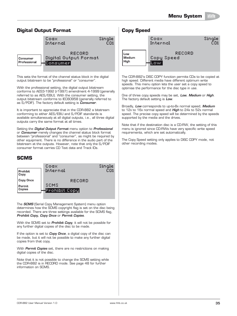 Digital output format, Scms, Copy speed | Menu system | HHB comm CDR-882 User Manual | Page 36 / 66