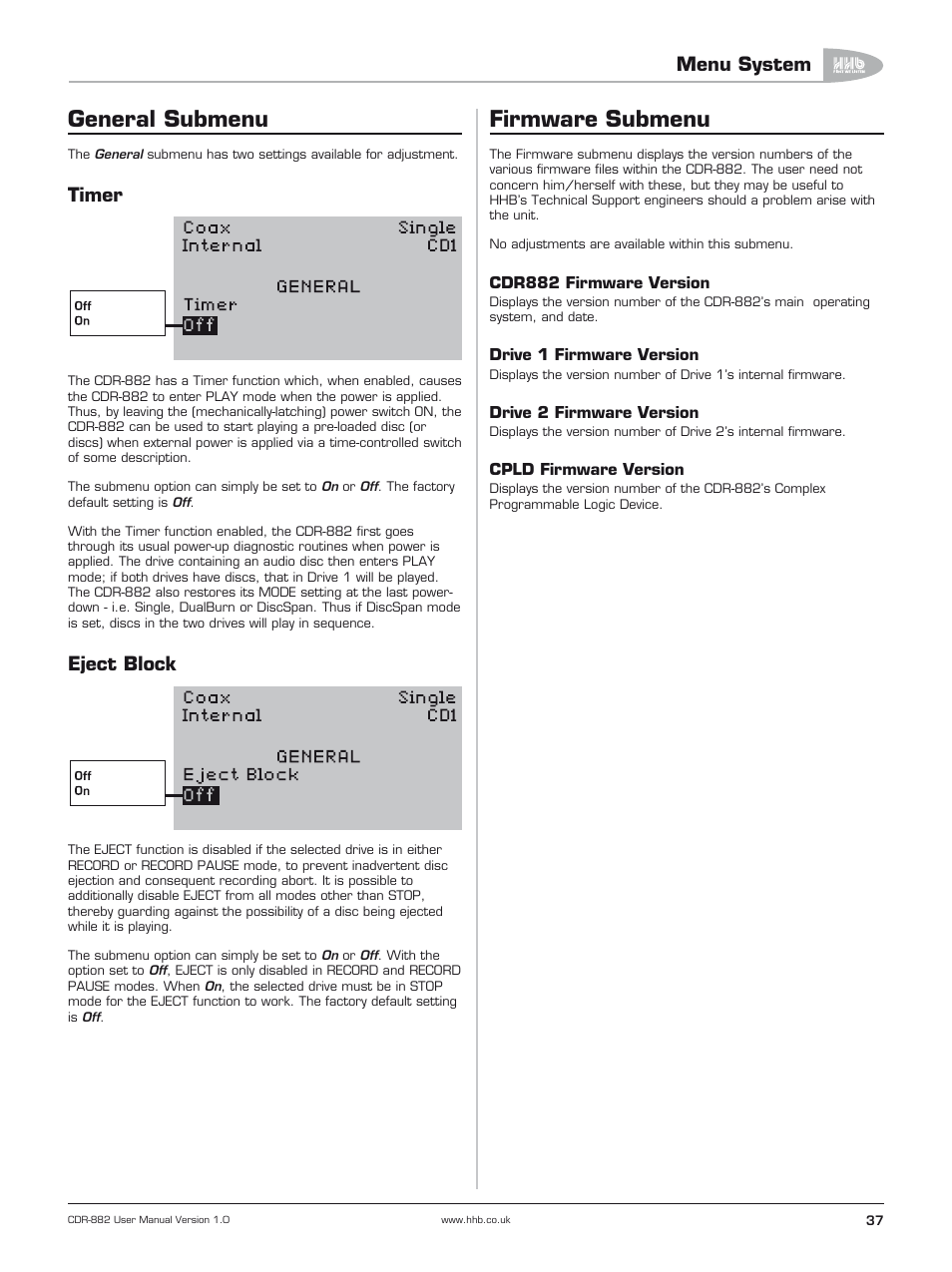 General submenu, Timer, Eject block | Firmware submenu, Menu system | HHB comm CDR-882 User Manual | Page 38 / 66