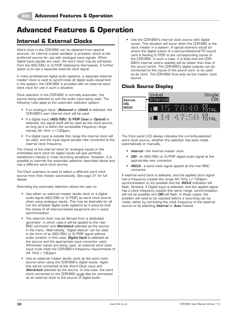 Advanced features & operation, Internal & external clocks, Clock source display | HHB comm CDR-882 User Manual | Page 39 / 66