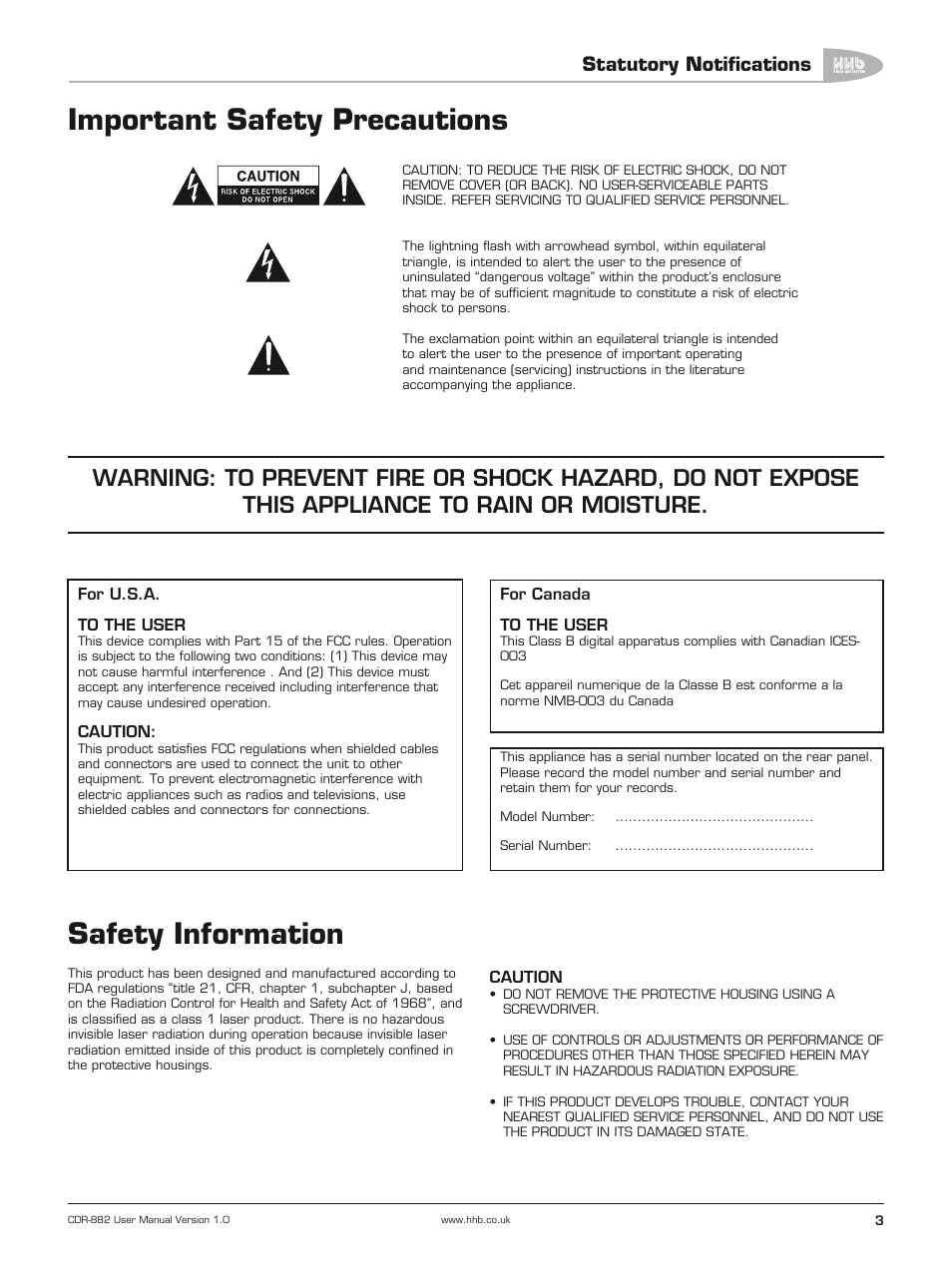 Important safety precautions, Safety information, Statutory notifications | HHB comm CDR-882 User Manual | Page 4 / 66