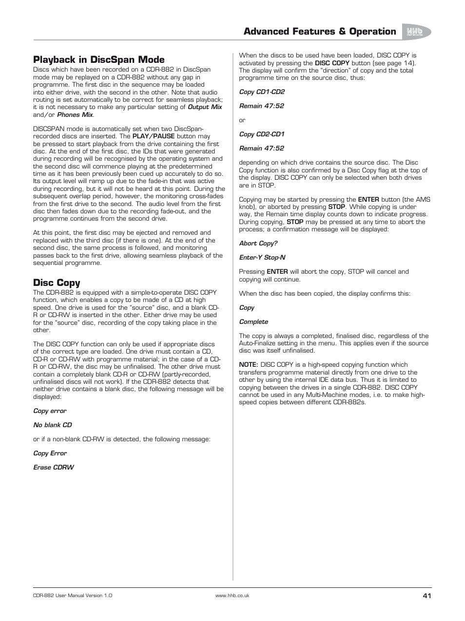 Playback in discspan mode, Disc copy, Advanced features & operation | HHB comm CDR-882 User Manual | Page 42 / 66