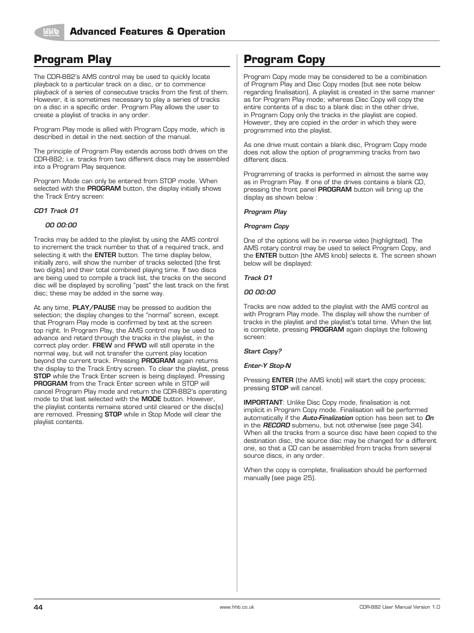 Program play, Program copy, Advanced features & operation | HHB comm CDR-882 User Manual | Page 45 / 66