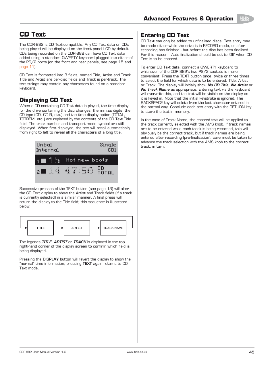 Cd text, Displaying cd text, Entering cd text | Advanced features & operation | HHB comm CDR-882 User Manual | Page 46 / 66