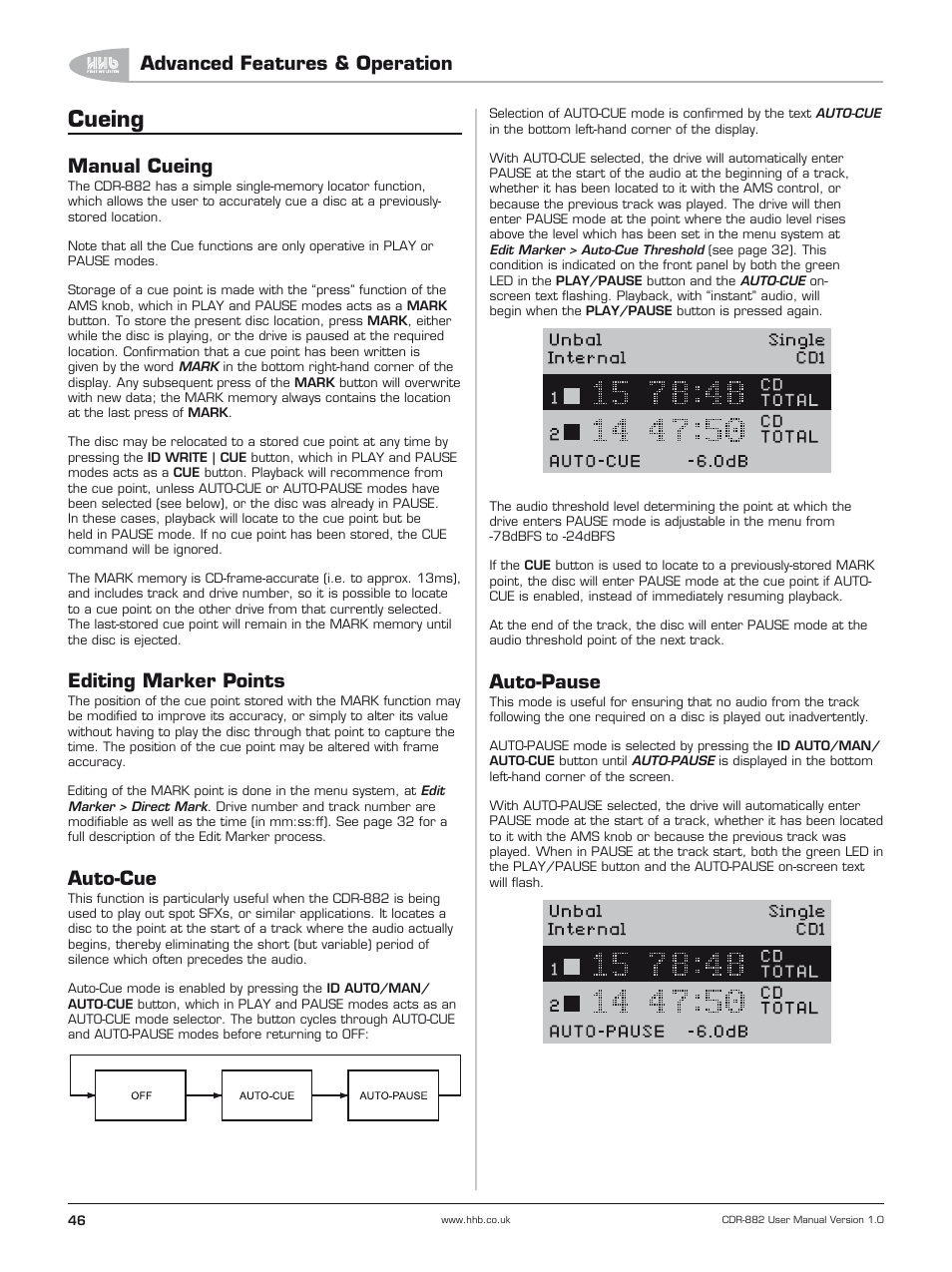 Cueing, Manual cueing, Editing marker points | Auto-cue, Auto-pause, Advanced features & operation | HHB comm CDR-882 User Manual | Page 47 / 66