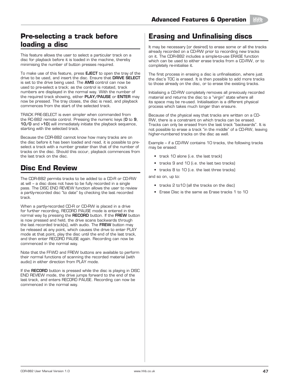 Pre-selecting a track before loading a disc, Disc end review, Erasing and unfinalising discs | Advanced features & operation | HHB comm CDR-882 User Manual | Page 48 / 66