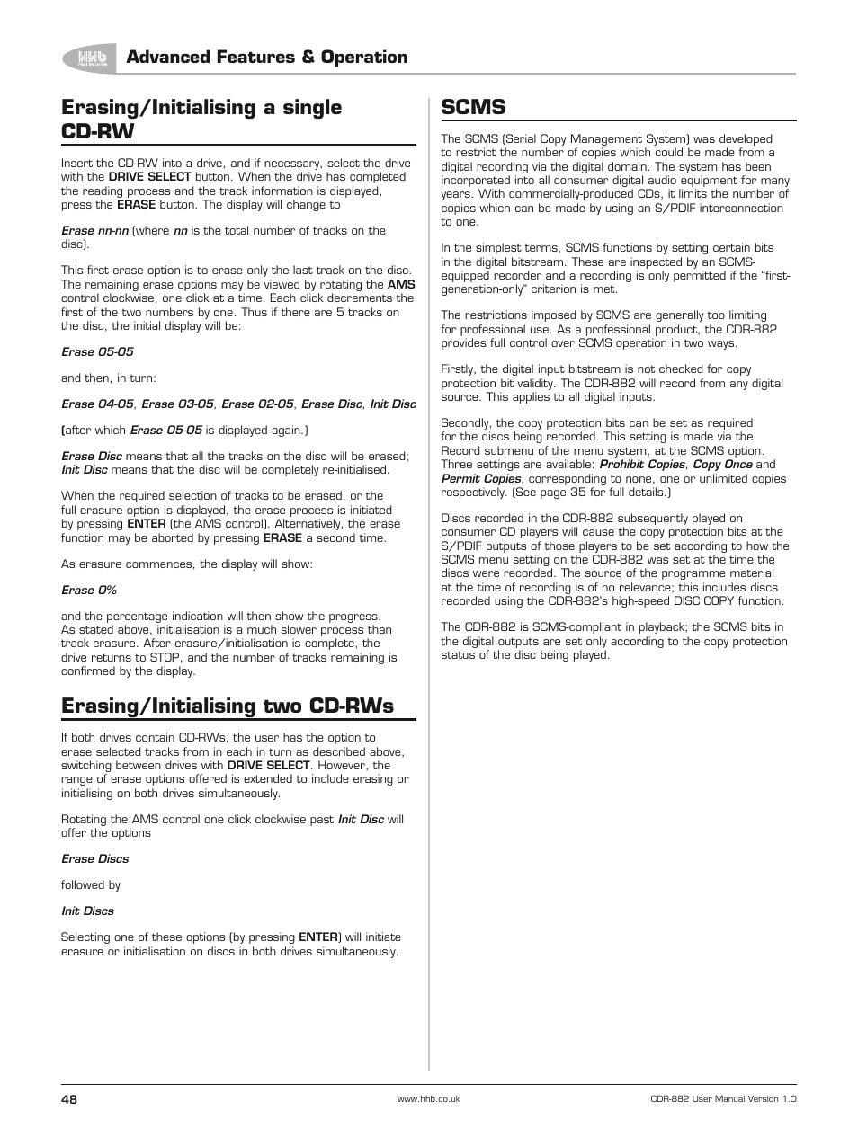 Erasing/initialising a single cd-rw, Erasing/initialising two cd-rws, Scms | Advanced features & operation | HHB comm CDR-882 User Manual | Page 49 / 66