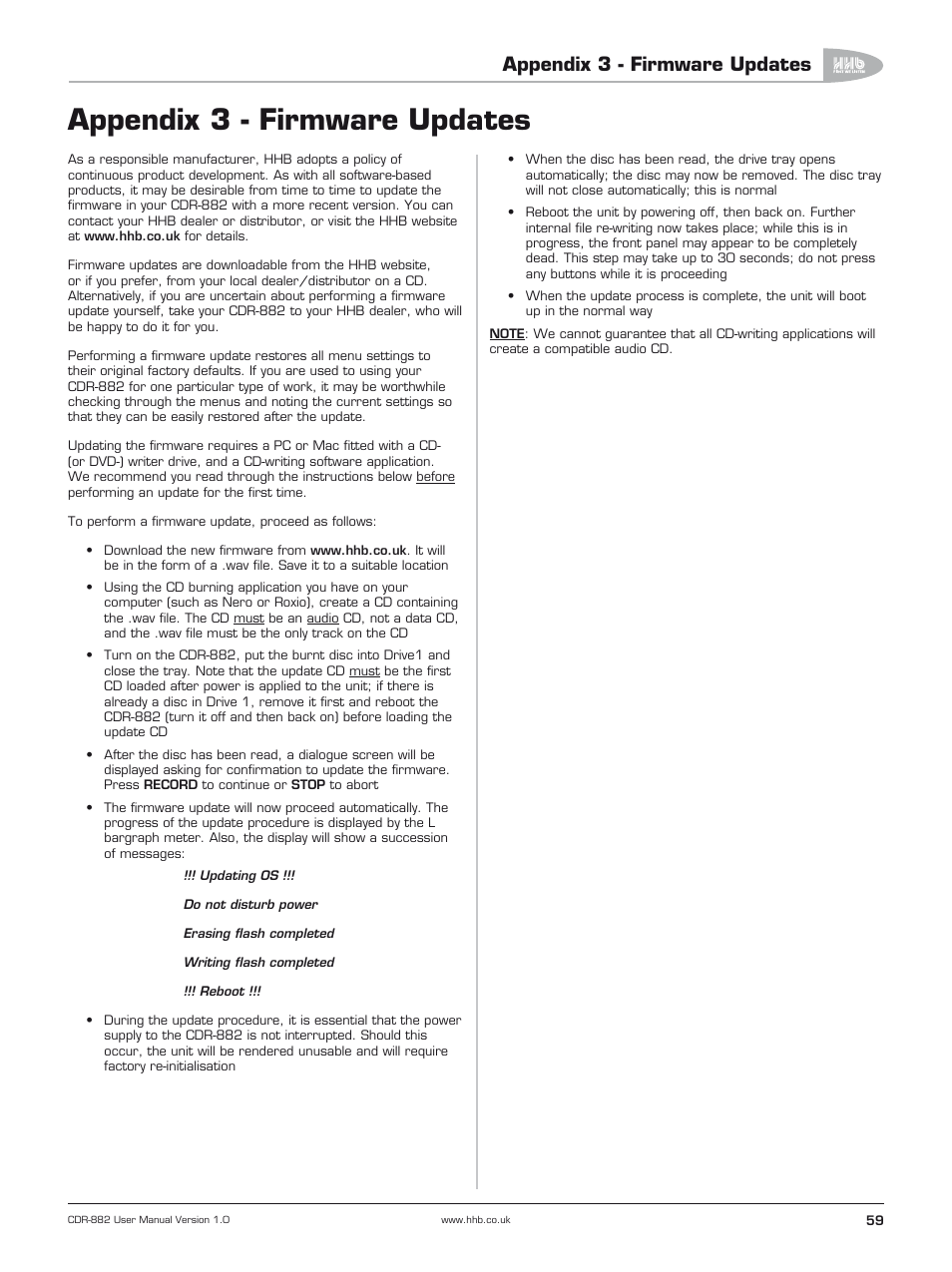 Appendix 3 - firmware updates | HHB comm CDR-882 User Manual | Page 60 / 66
