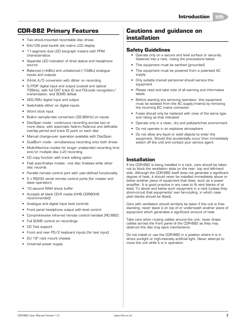 Cdr-882 primary features, Cautions and guidance on installation, Safety guidelines | Installation, Introduction | HHB comm CDR-882 User Manual | Page 8 / 66