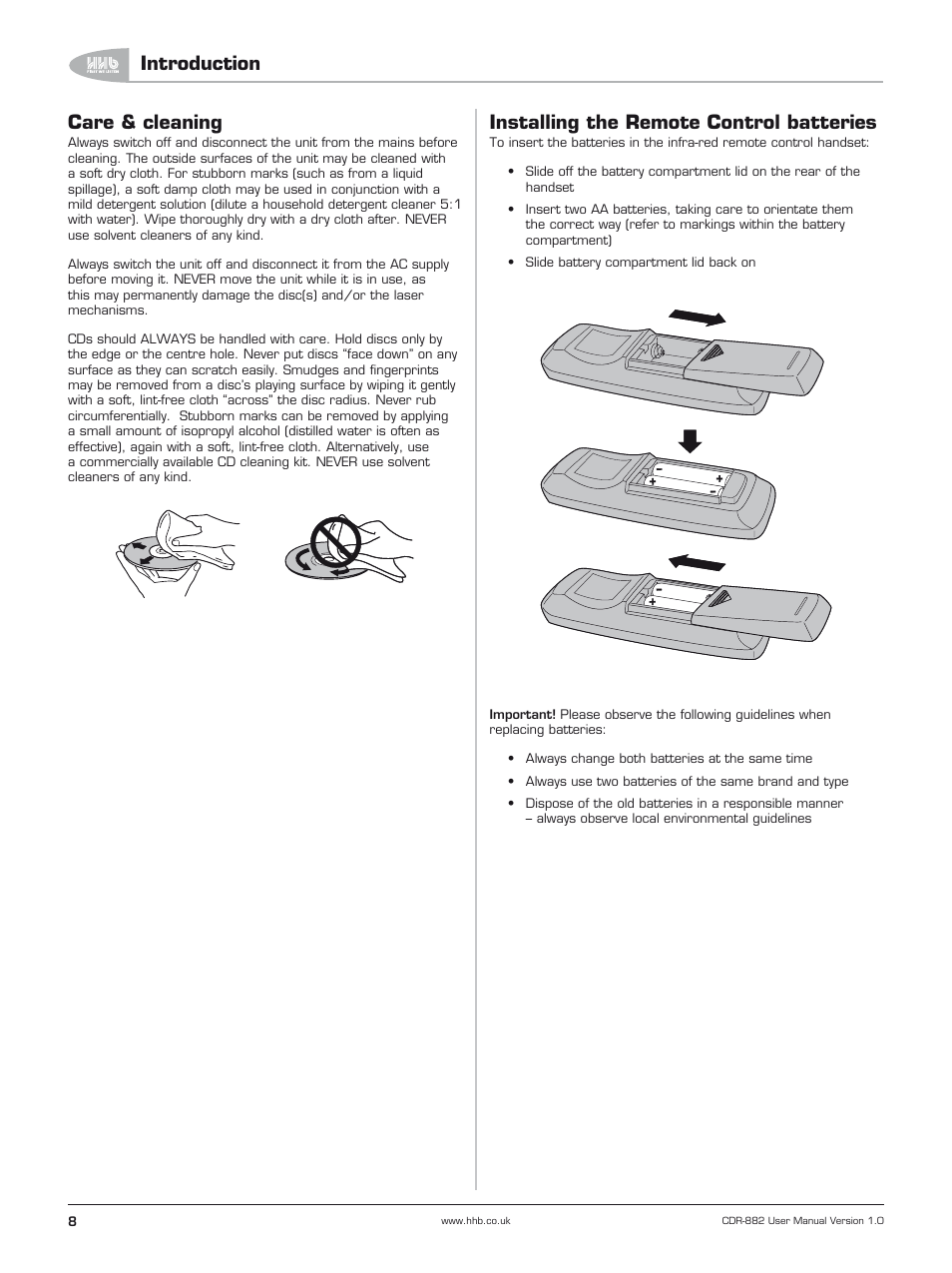 Care & cleaning, Installing the remote control batteries, Introduction | HHB comm CDR-882 User Manual | Page 9 / 66