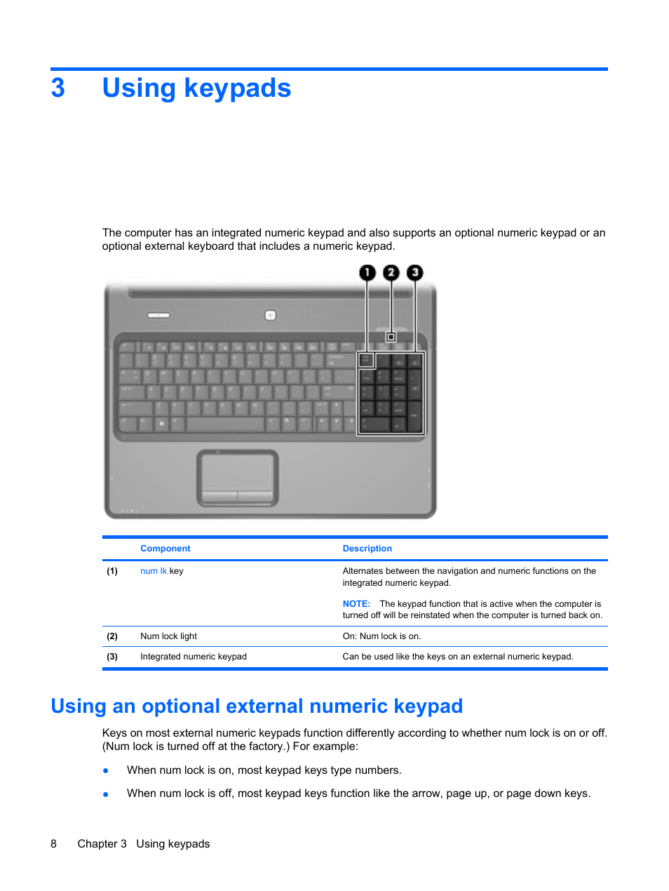 Using keypads, Using an optional external numeric keypad, 3 using keypads | 3using keypads | HP 460105-001 User Manual | Page 14 / 18